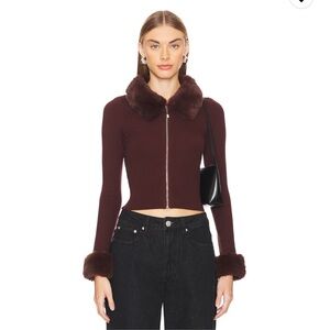 Natalie Knit Zip Chocolate Brown Knit Cardigan with Faux Fur